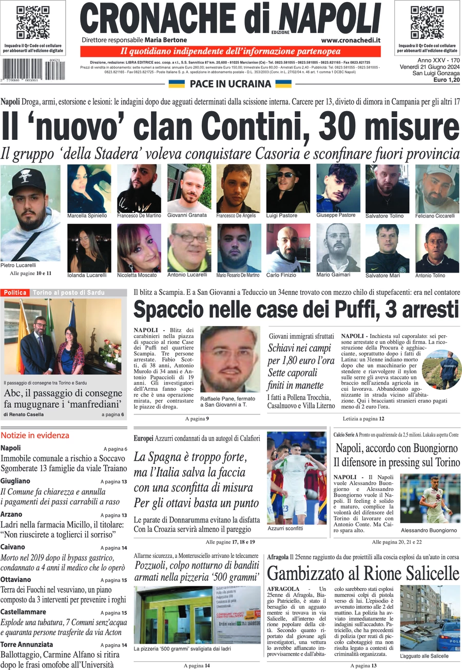 anteprima della prima pagina di cronache-di-napoli del 21/06/2024