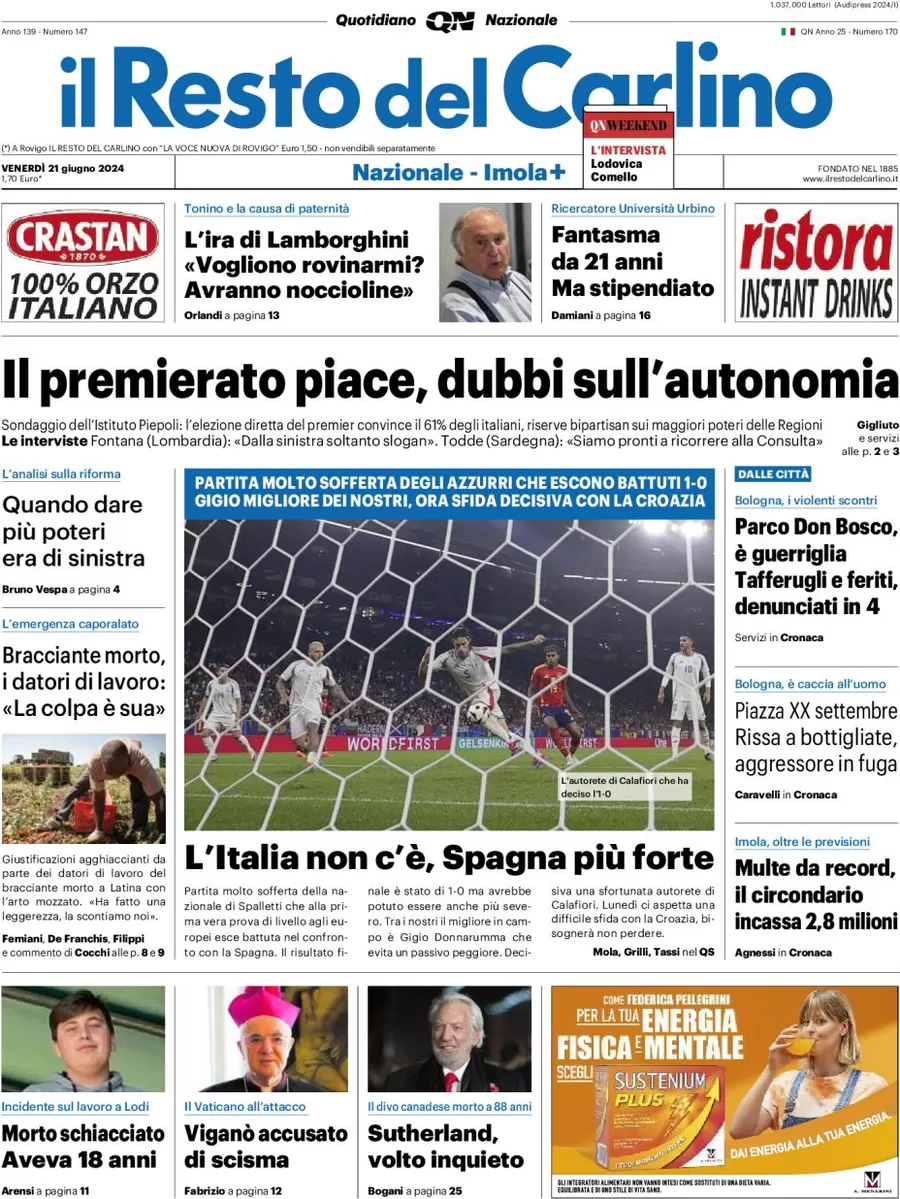 anteprima della prima pagina di il-resto-del-carlino del 21/06/2024