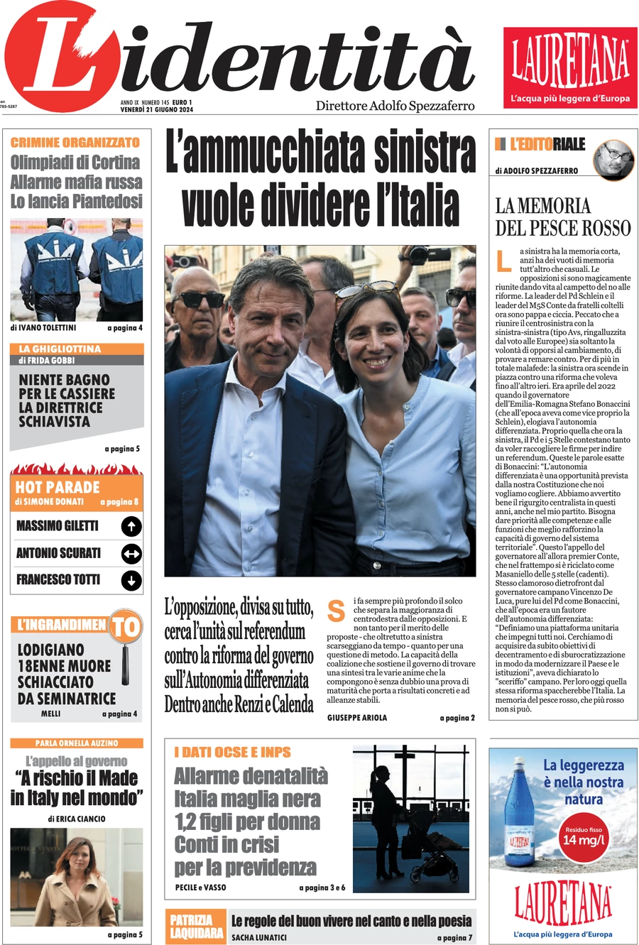 anteprima della prima pagina di lidentit del 21/06/2024