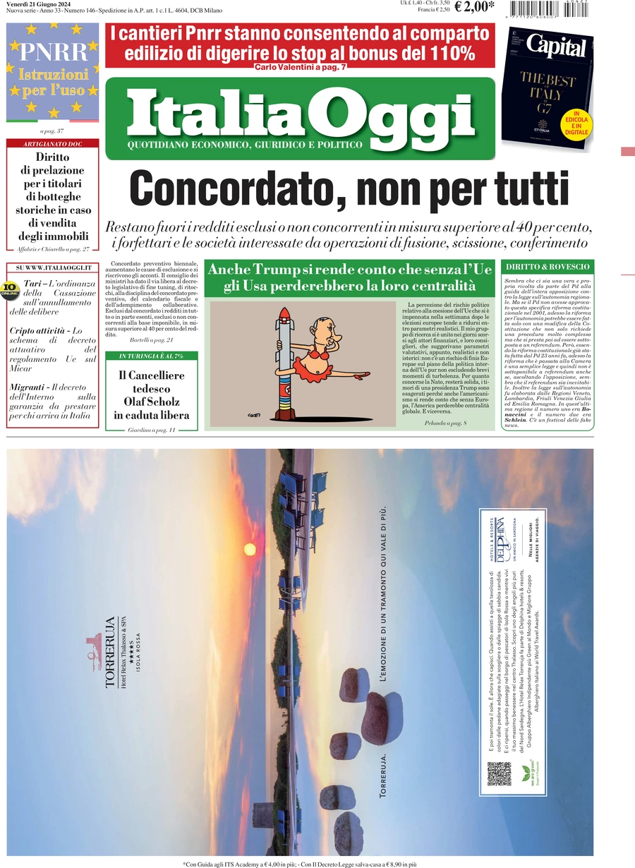 anteprima della prima pagina di italiaoggi del 21/06/2024