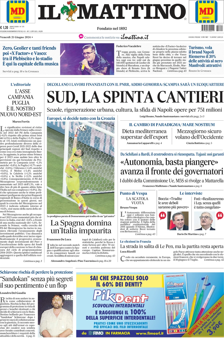 anteprima della prima pagina di il-mattino del 21/06/2024