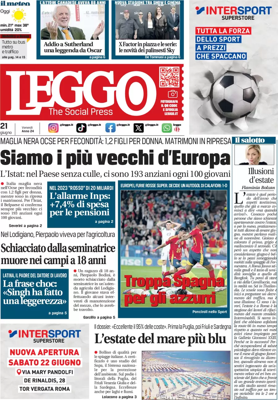 anteprima della prima pagina di leggo-roma del 21/06/2024