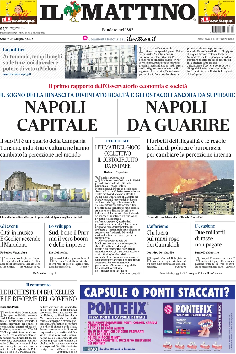 anteprima della prima pagina di il-mattino del 22/06/2024