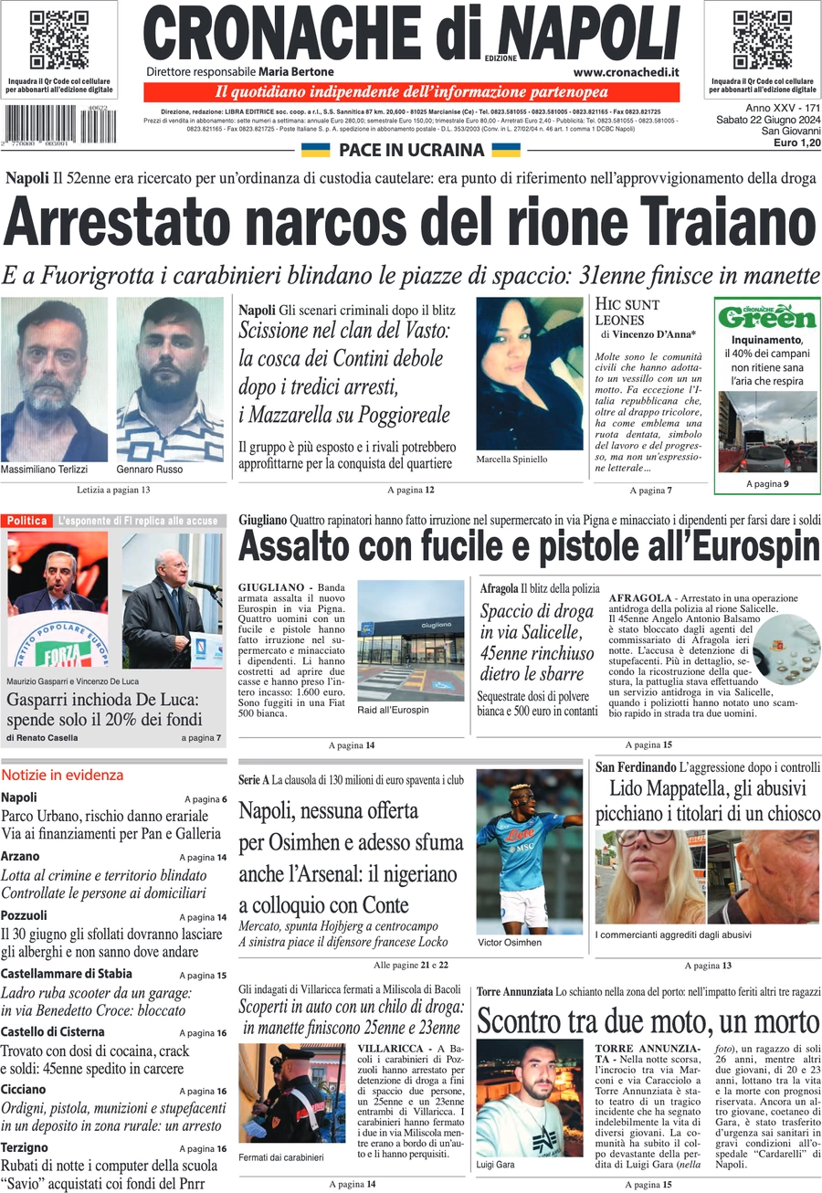 anteprima della prima pagina di cronache-di-napoli del 22/06/2024