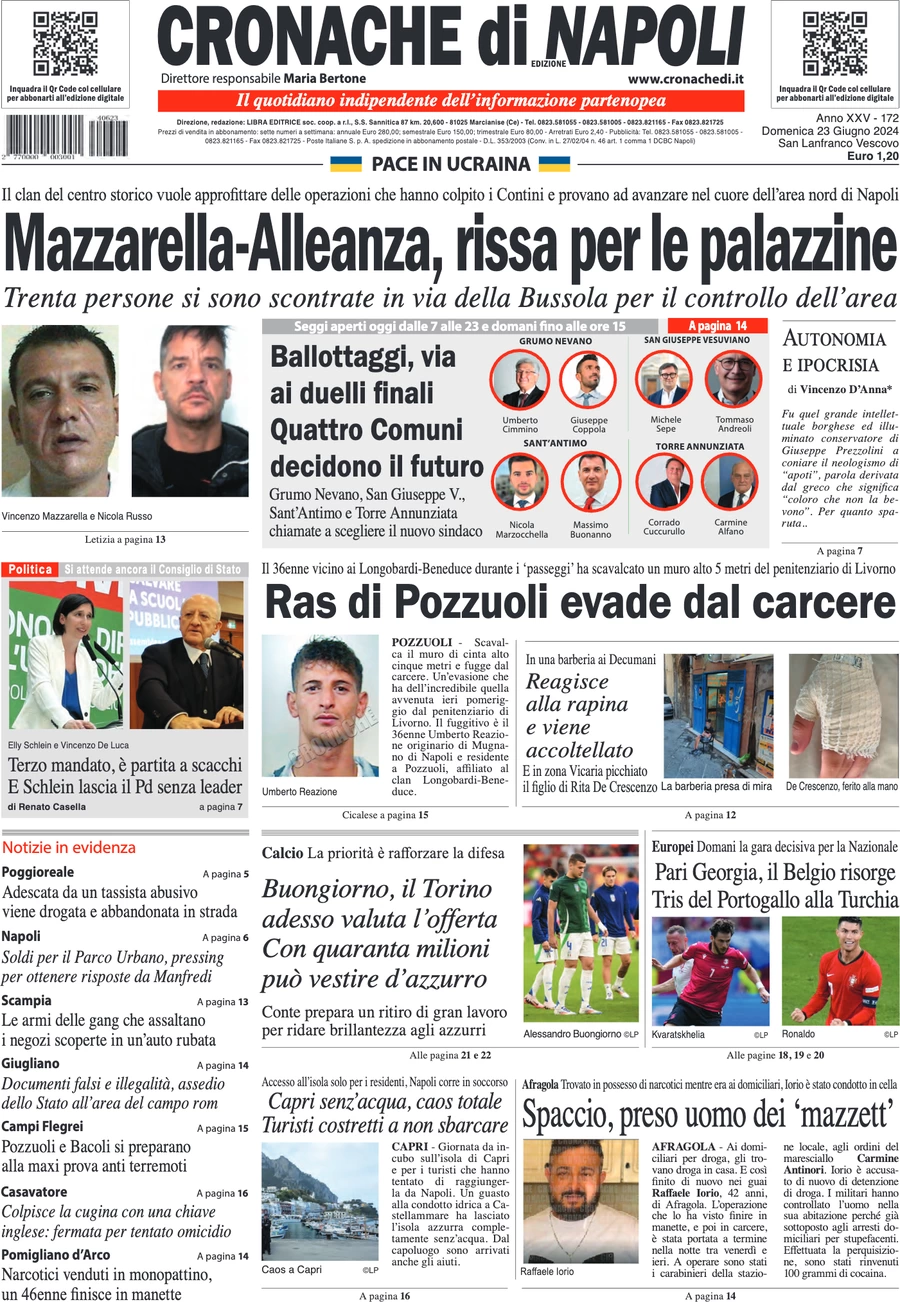 anteprima della prima pagina di cronache-di-napoli del 23/06/2024