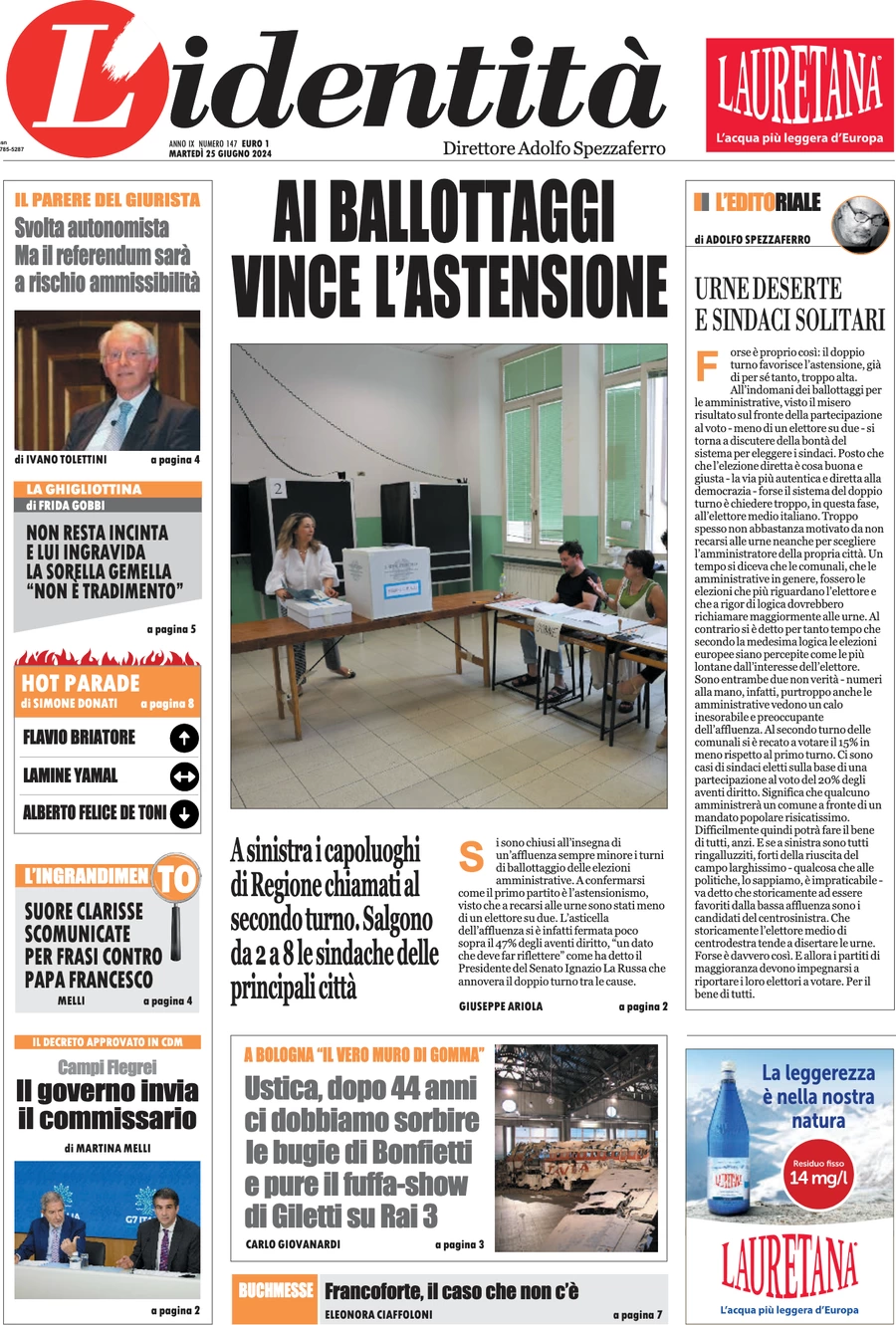 anteprima della prima pagina di lidentit del 24/06/2024