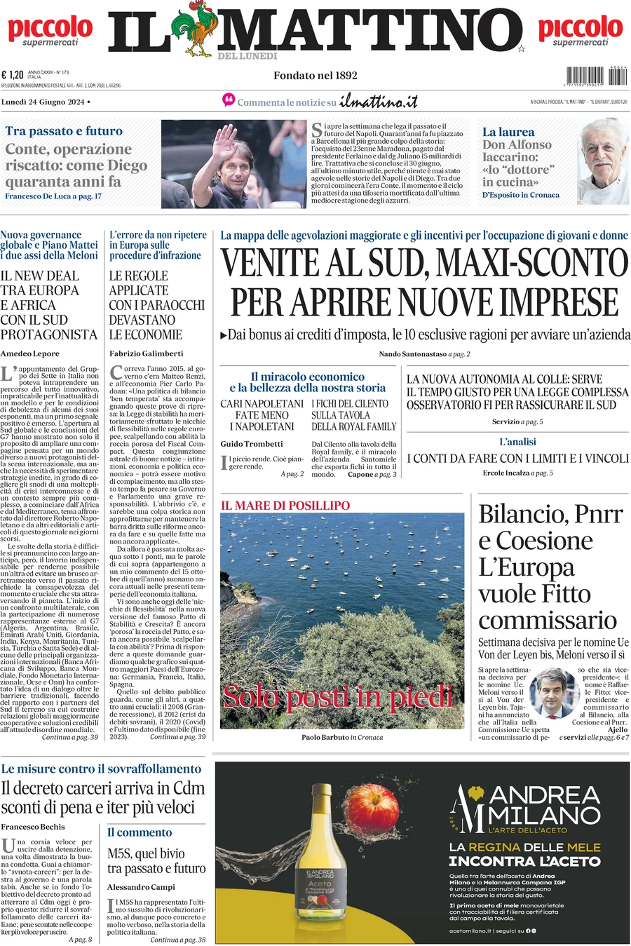 anteprima della prima pagina di il-mattino del 24/06/2024