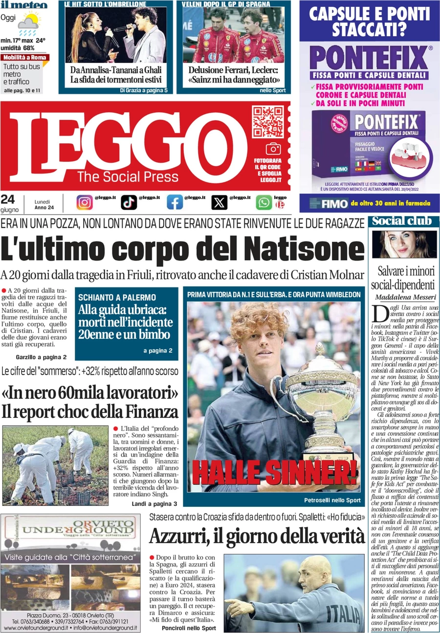 anteprima della prima pagina di leggo-roma del 24/06/2024