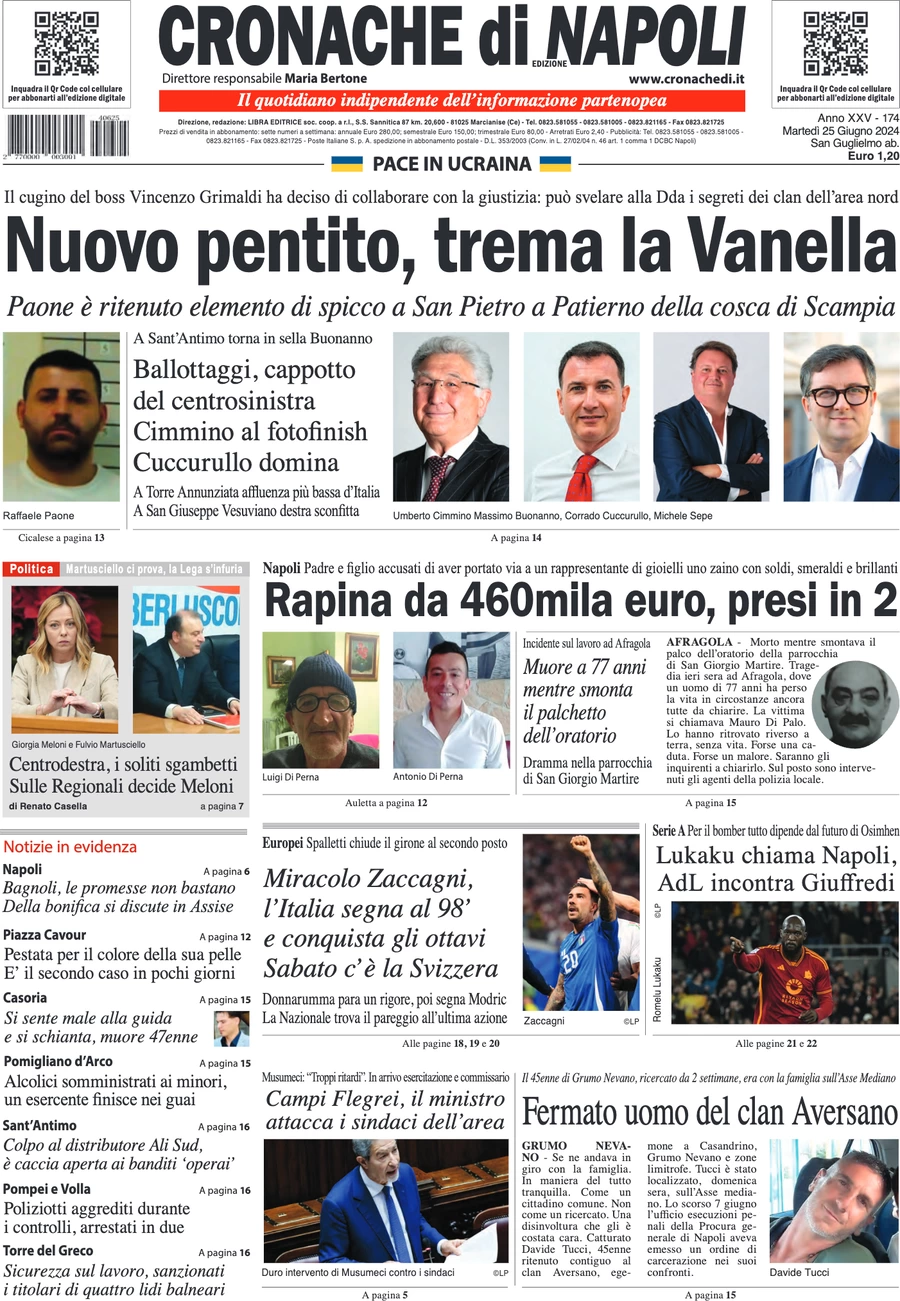 anteprima della prima pagina di cronache-di-napoli del 25/06/2024