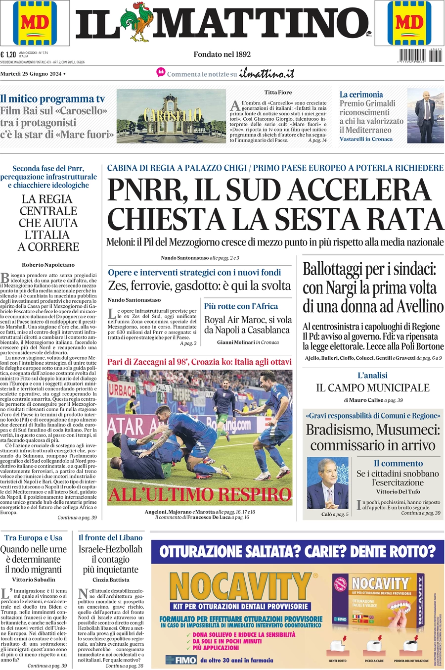 anteprima della prima pagina di il-mattino del 25/06/2024