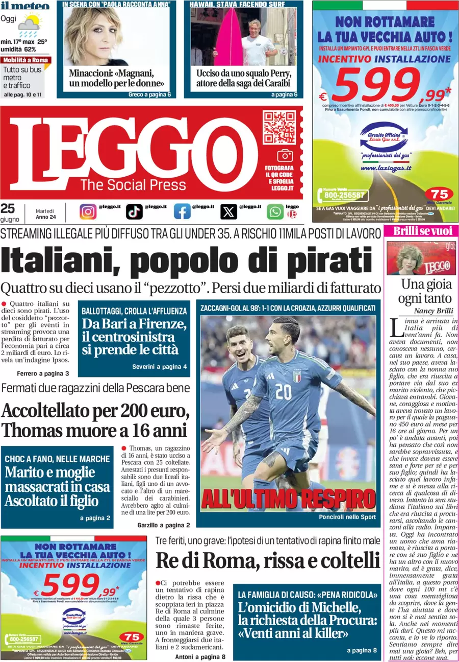 anteprima della prima pagina di leggo-roma del 25/06/2024