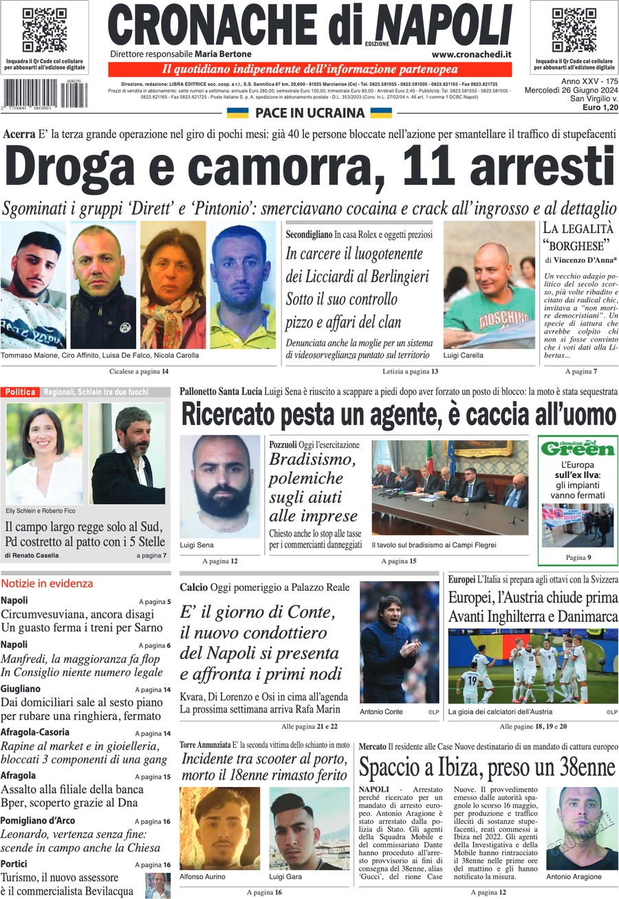 anteprima della prima pagina di cronache-di-napoli del 26/06/2024