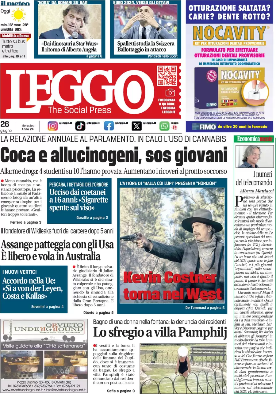 anteprima della prima pagina di leggo-roma del 26/06/2024