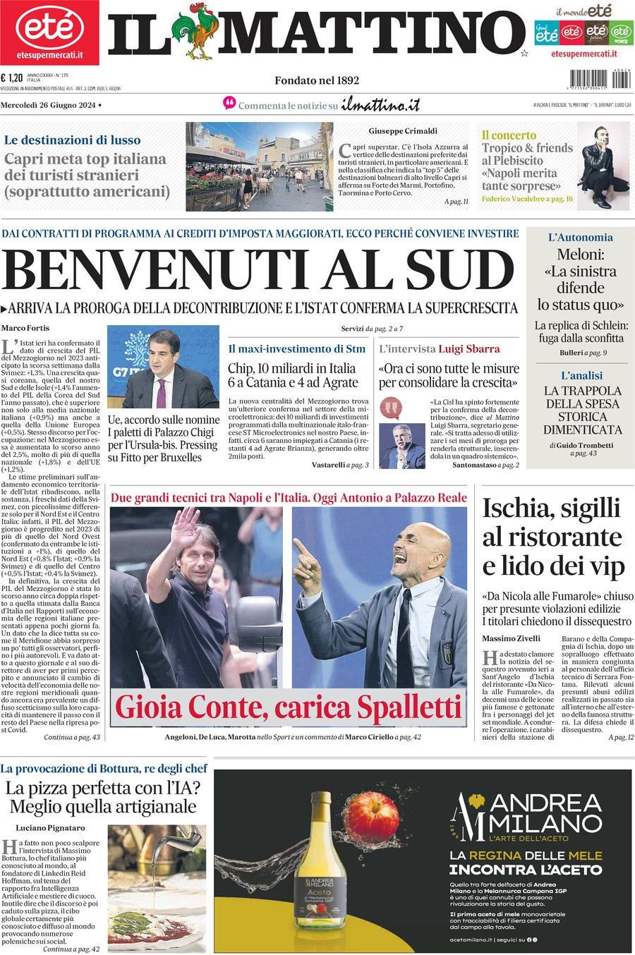 anteprima della prima pagina di il-mattino del 26/06/2024