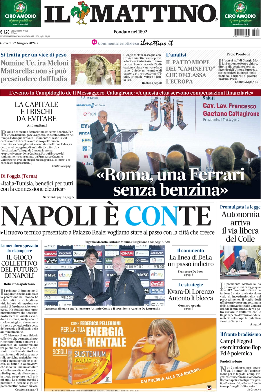 anteprima della prima pagina di il-mattino del 27/06/2024