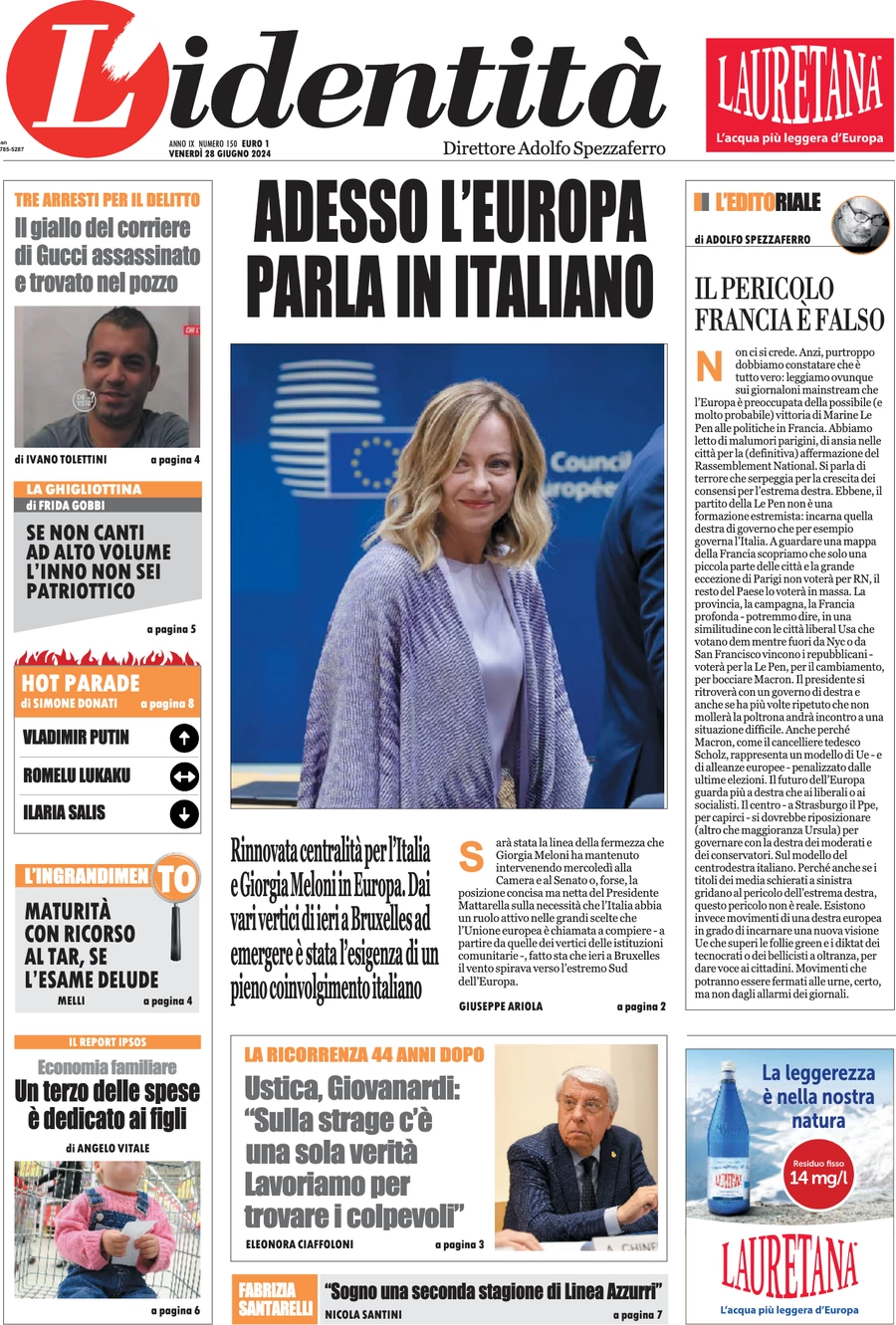anteprima della prima pagina di lidentit del 27/06/2024