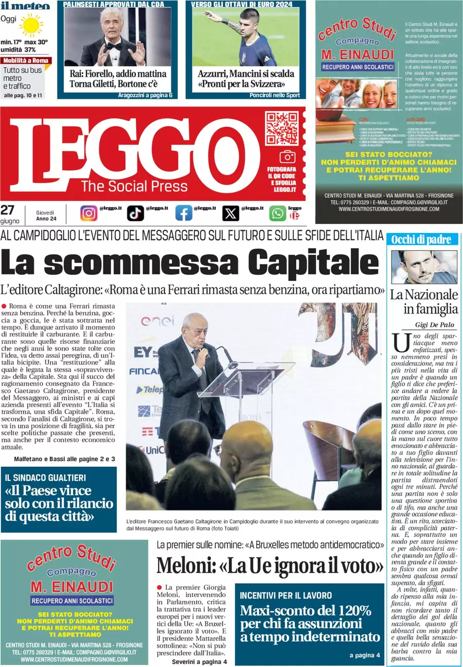 anteprima della prima pagina di leggo-roma del 27/06/2024