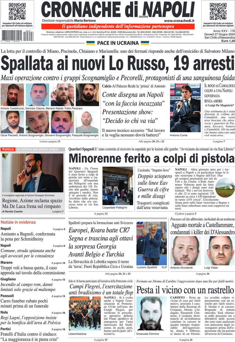 anteprima della prima pagina di cronache-di-napoli del 27/06/2024