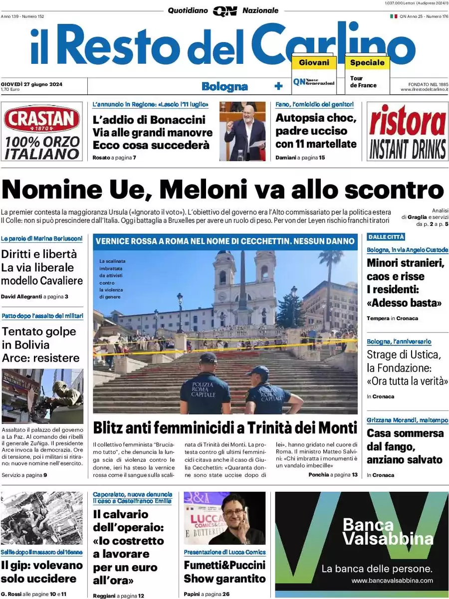 anteprima della prima pagina di il-resto-del-carlino del 27/06/2024