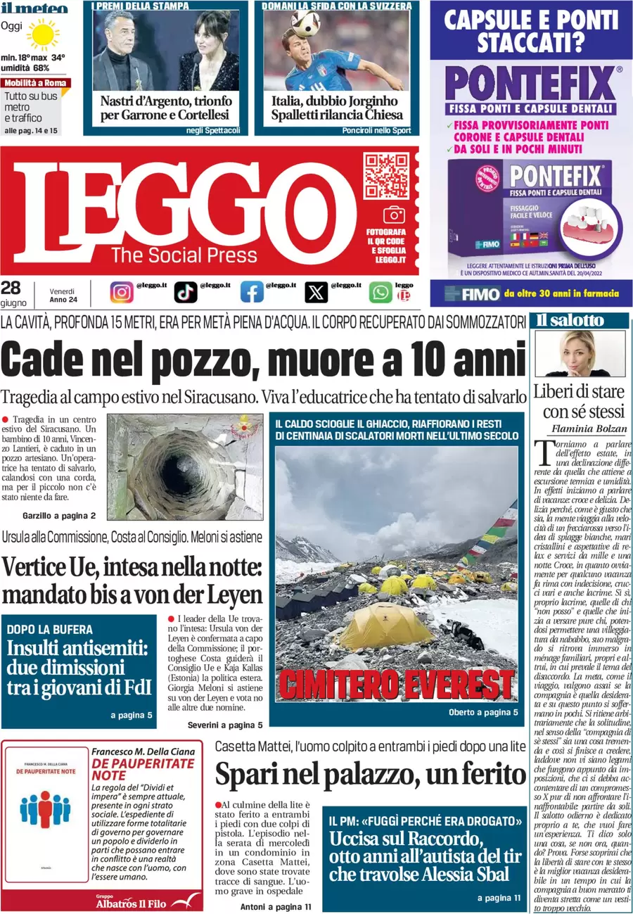 anteprima della prima pagina di leggo-roma del 28/06/2024