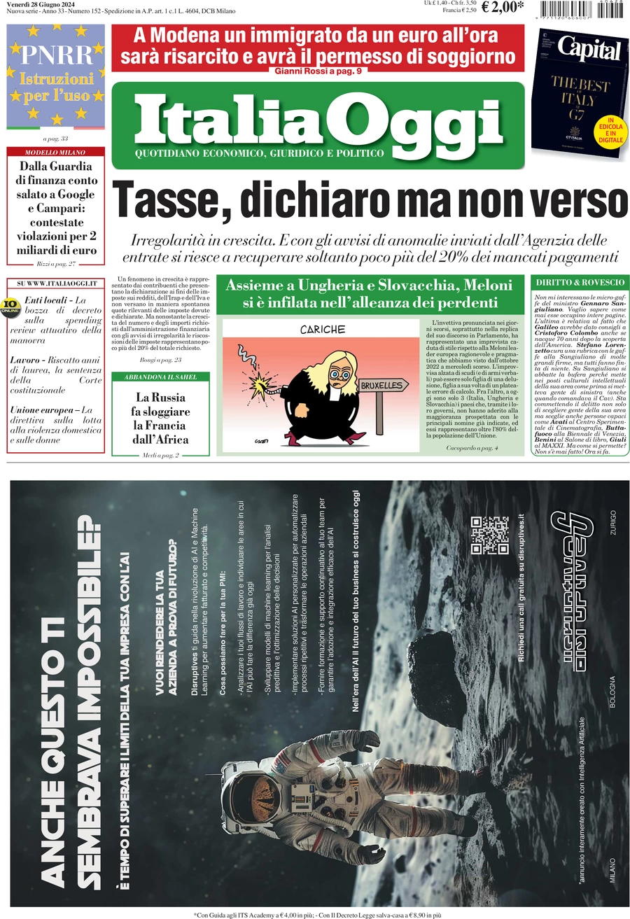 anteprima della prima pagina di italiaoggi del 28/06/2024