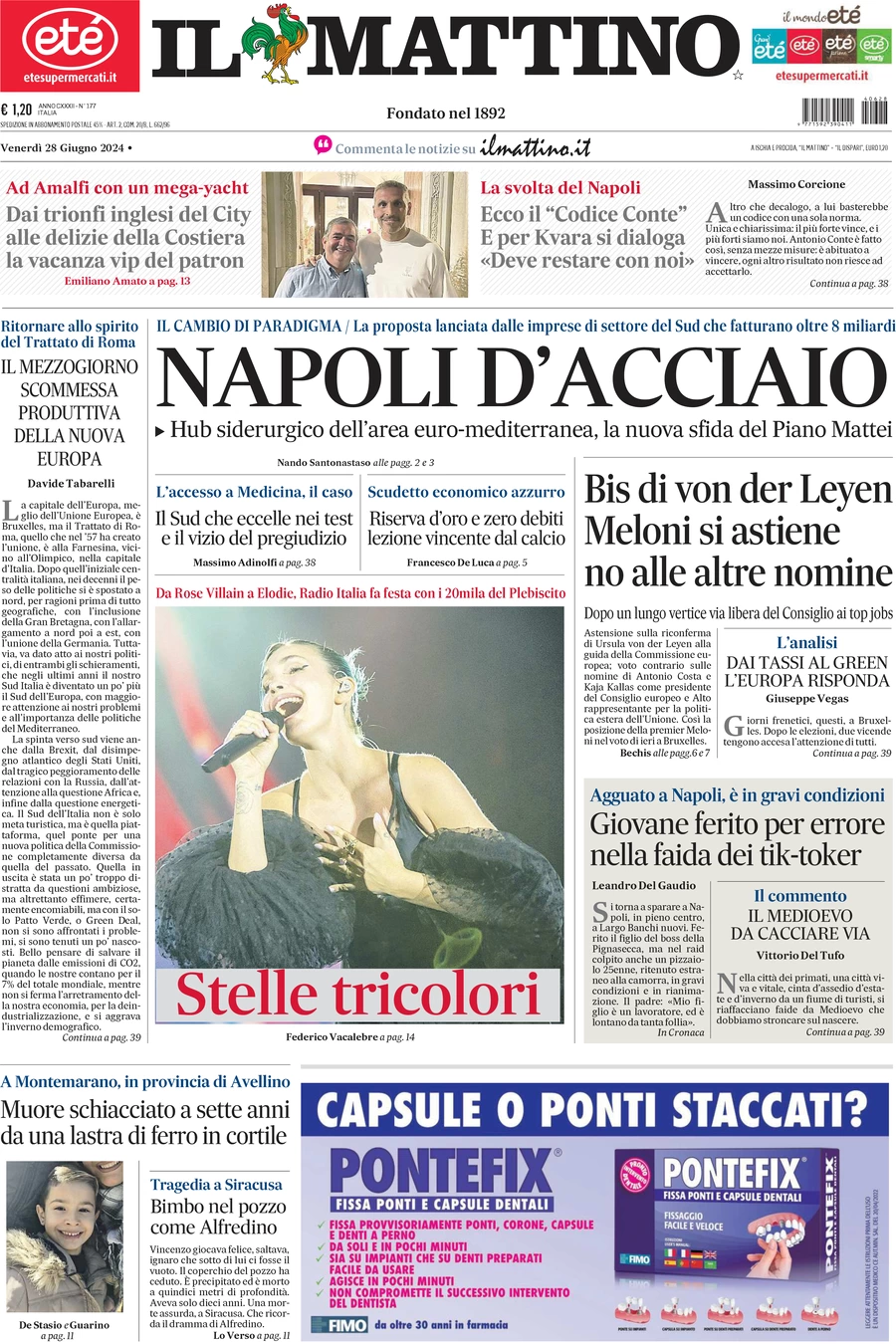 anteprima della prima pagina di il-mattino del 28/06/2024