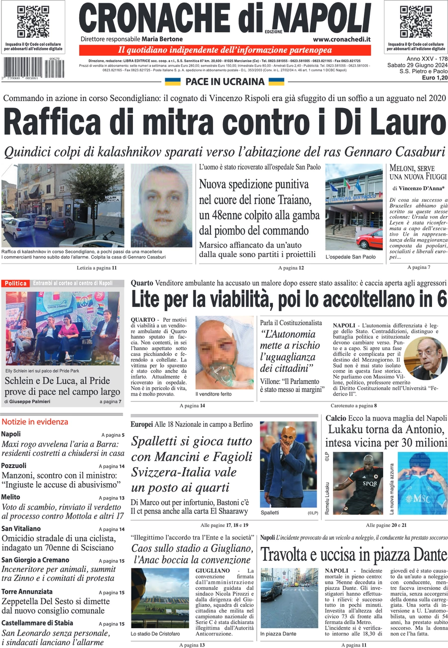 anteprima della prima pagina di cronache-di-napoli del 29/06/2024