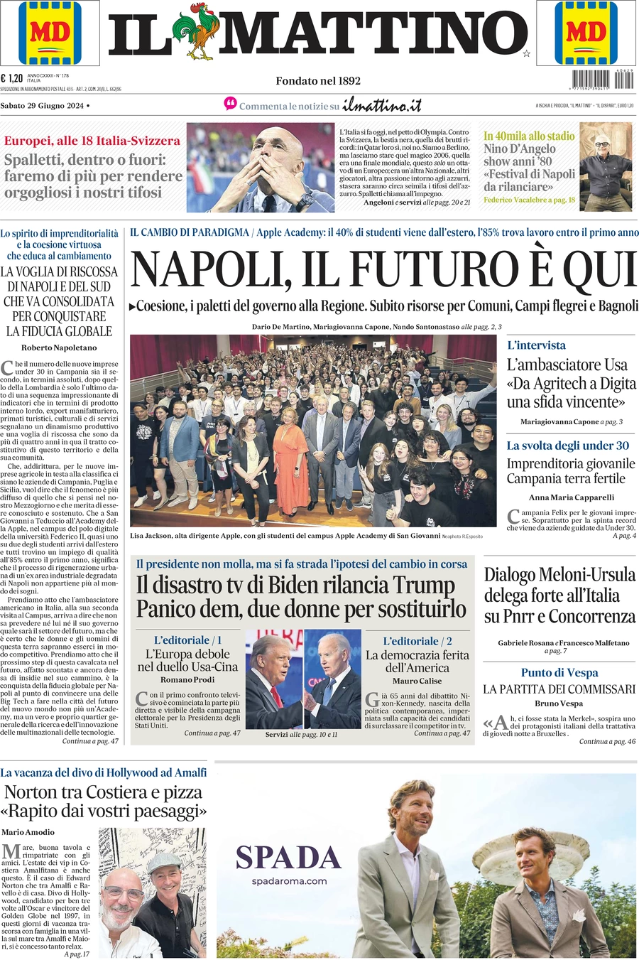 anteprima della prima pagina di il-mattino del 29/06/2024