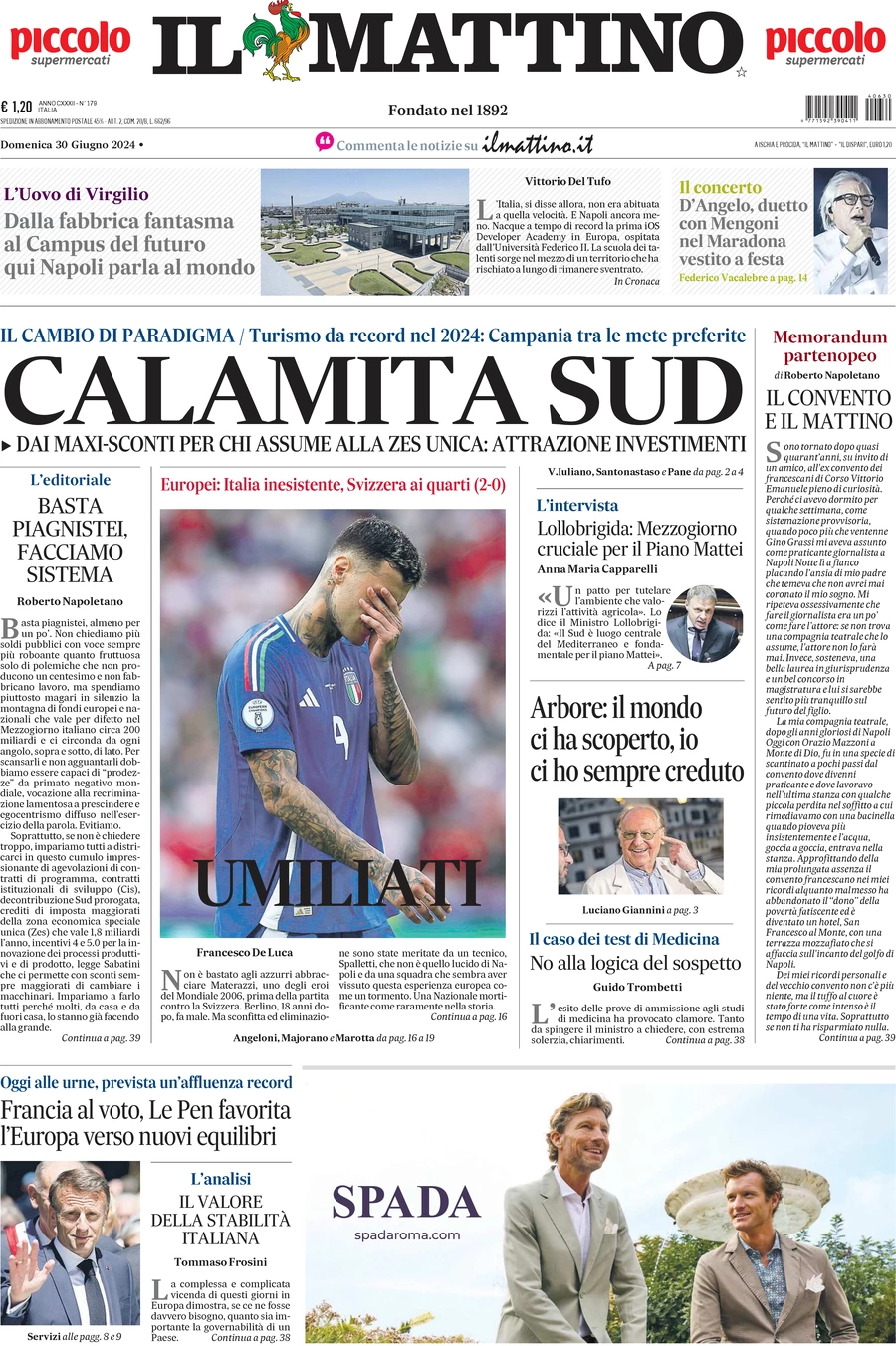 anteprima della prima pagina di il-mattino del 30/06/2024