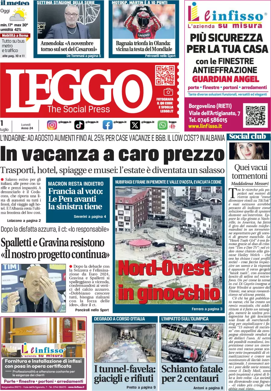 anteprima della prima pagina di leggo-roma del 01/07/2024