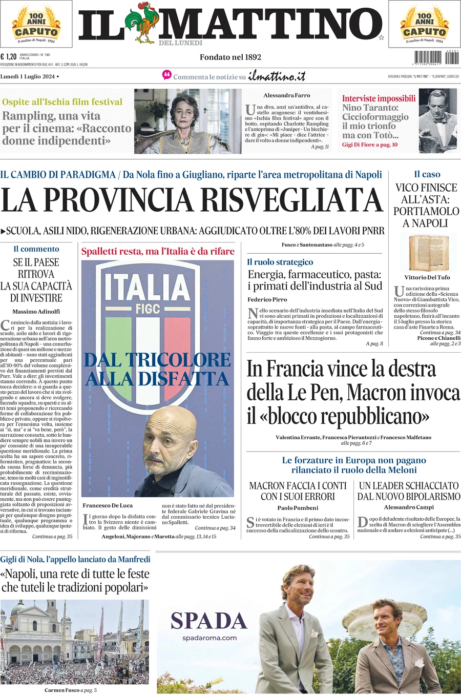 anteprima della prima pagina di il-mattino del 01/07/2024