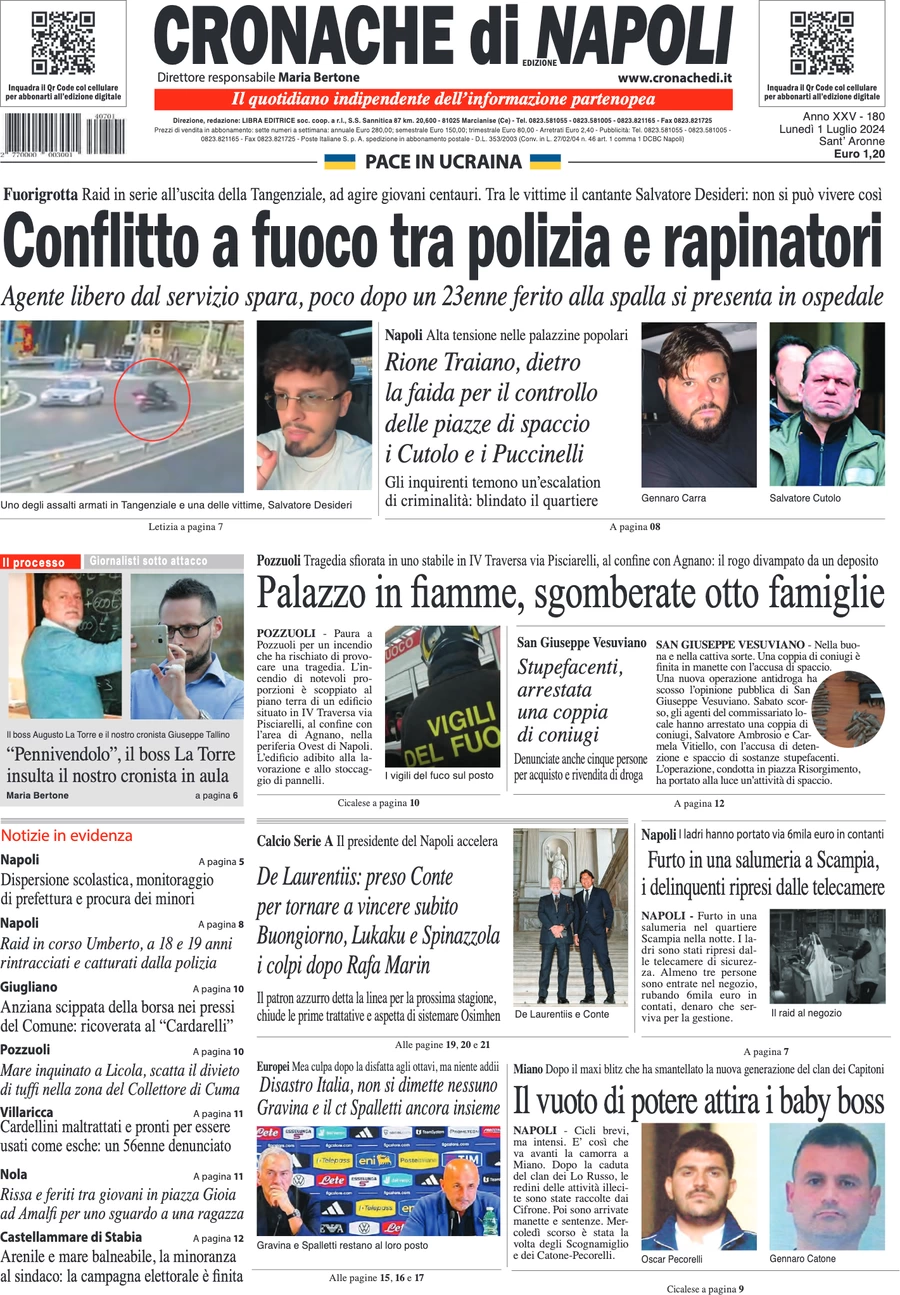 anteprima della prima pagina di cronache-di-napoli del 01/07/2024