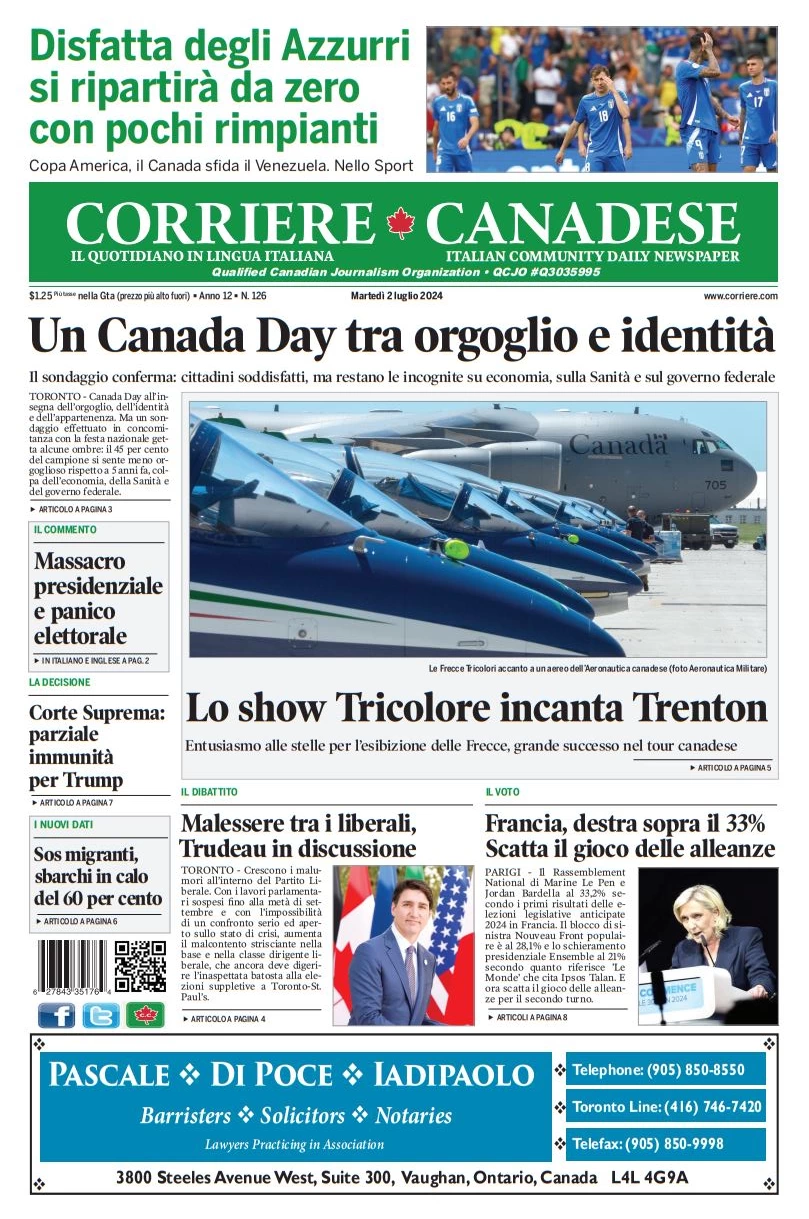 anteprima della prima pagina di corriere-canadese del 02/07/2024