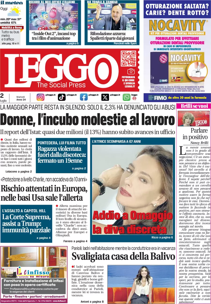 anteprima della prima pagina di leggo-roma del 02/07/2024