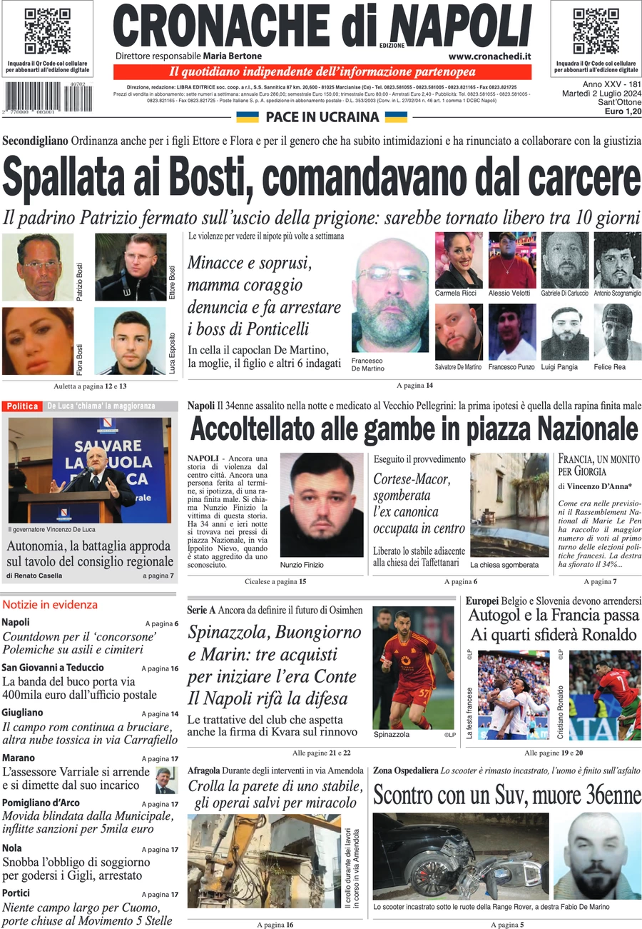 anteprima della prima pagina di cronache-di-napoli del 02/07/2024