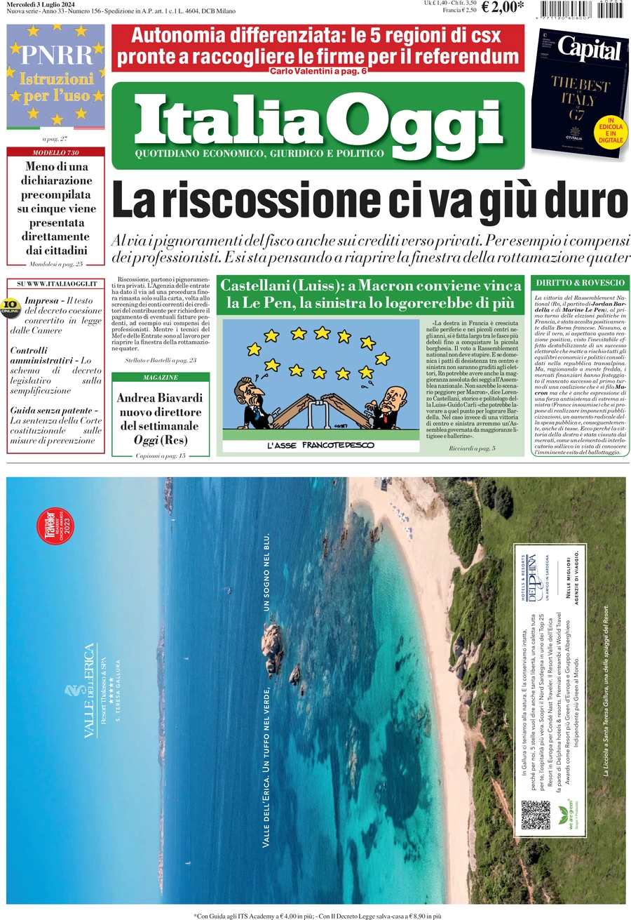 anteprima della prima pagina di italiaoggi del 03/07/2024