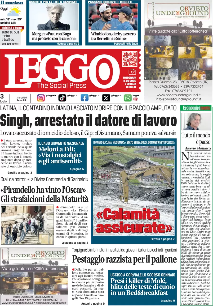 anteprima della prima pagina di leggo-roma del 03/07/2024