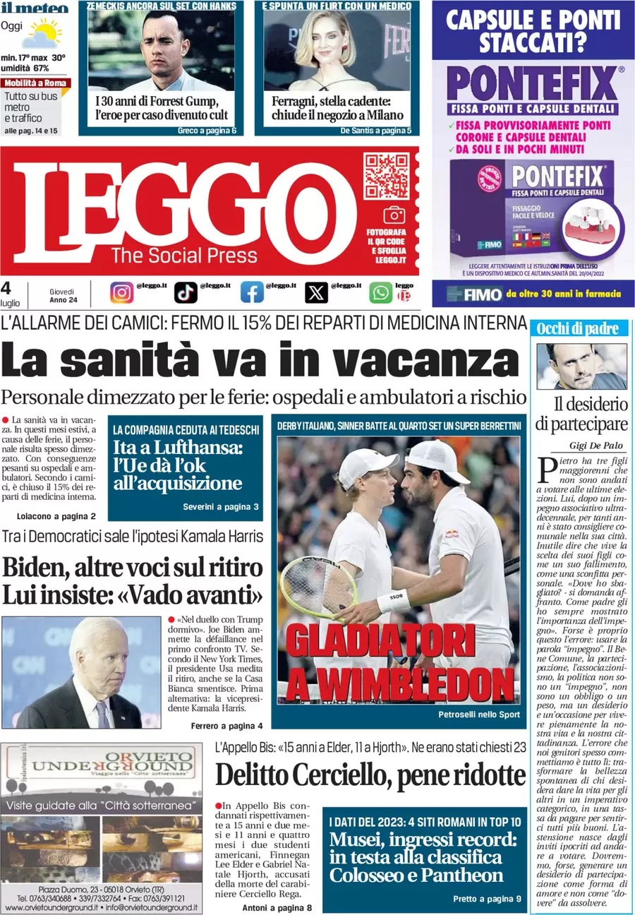 anteprima della prima pagina di leggo-roma del 04/07/2024