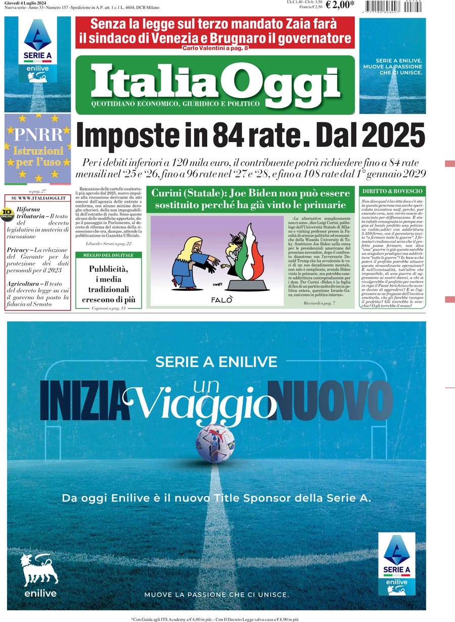 anteprima della prima pagina di italiaoggi del 04/07/2024
