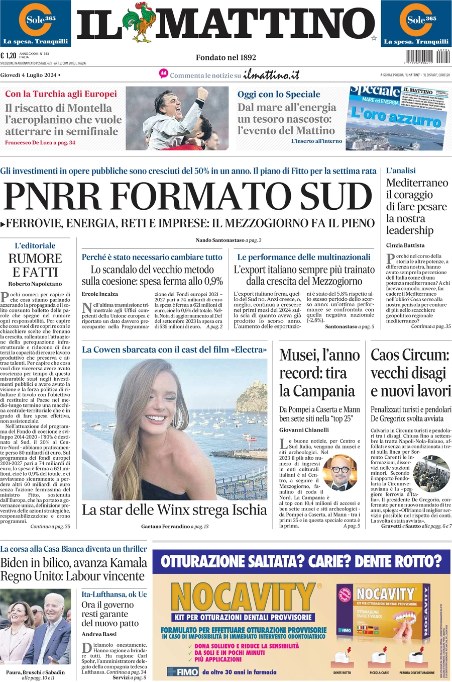 anteprima della prima pagina di il-mattino del 04/07/2024