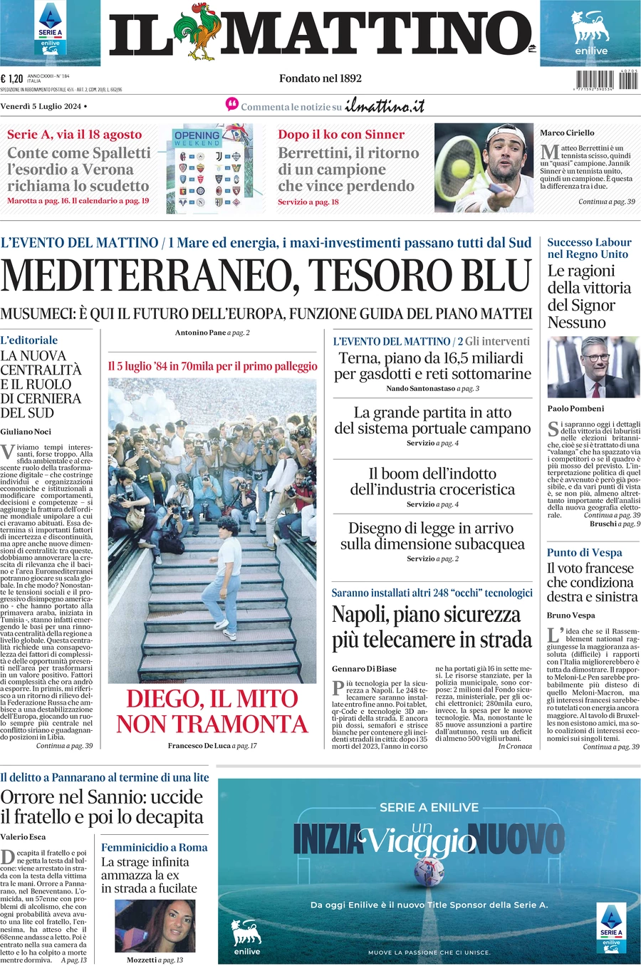 anteprima della prima pagina di il-mattino del 05/07/2024