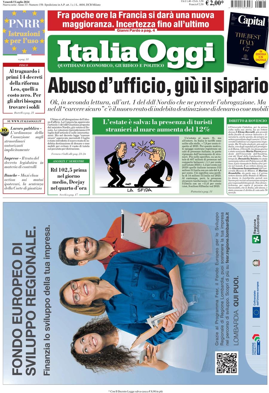 anteprima della prima pagina di italiaoggi del 05/07/2024