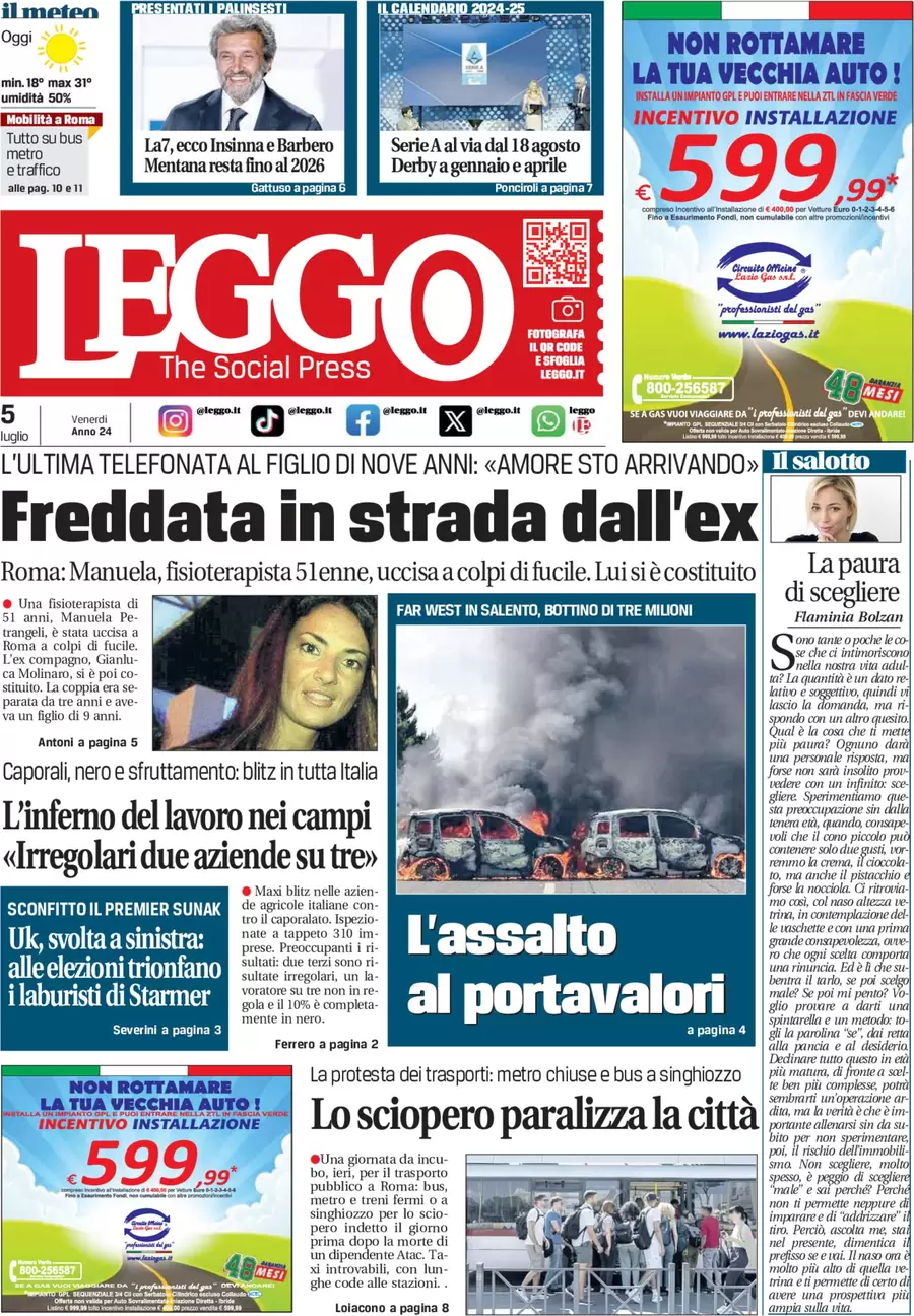 anteprima della prima pagina di leggo-roma del 05/07/2024