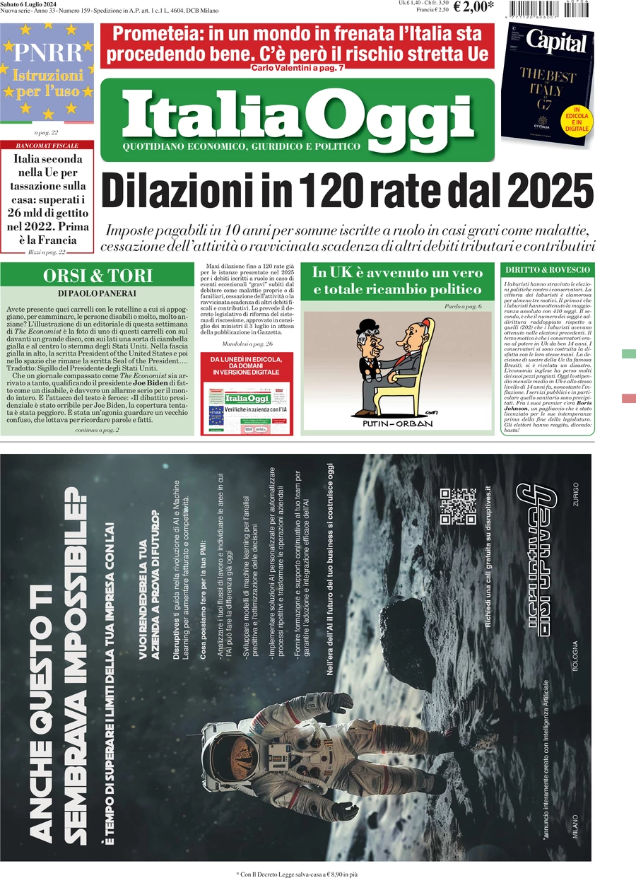 anteprima della prima pagina di italiaoggi del 06/07/2024