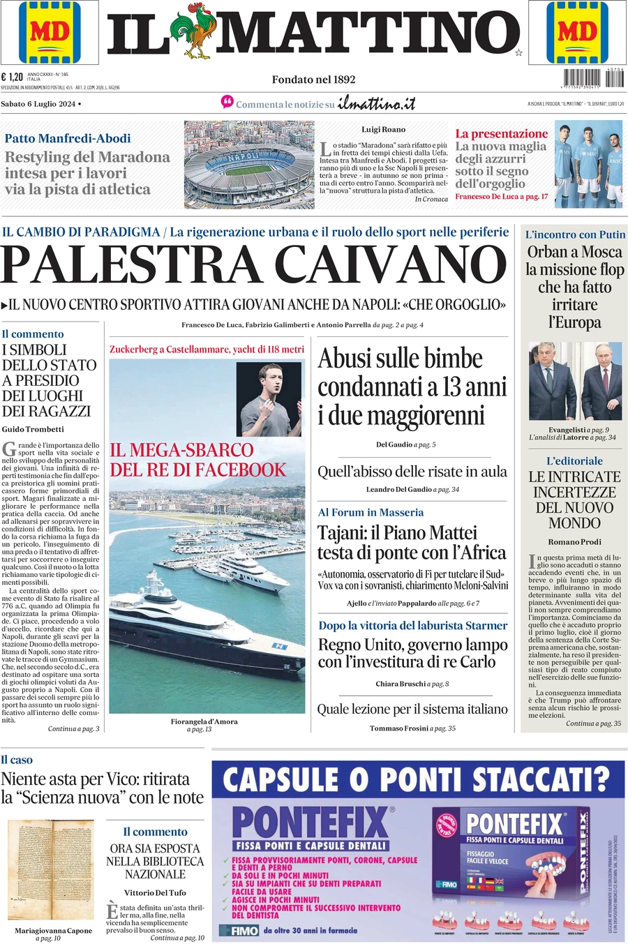 anteprima della prima pagina di il-mattino del 06/07/2024