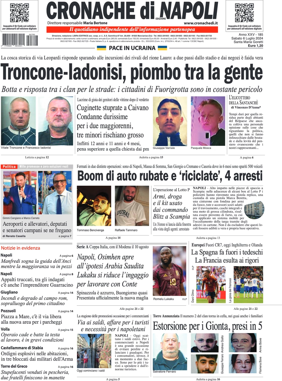 anteprima della prima pagina di cronache-di-napoli del 06/07/2024