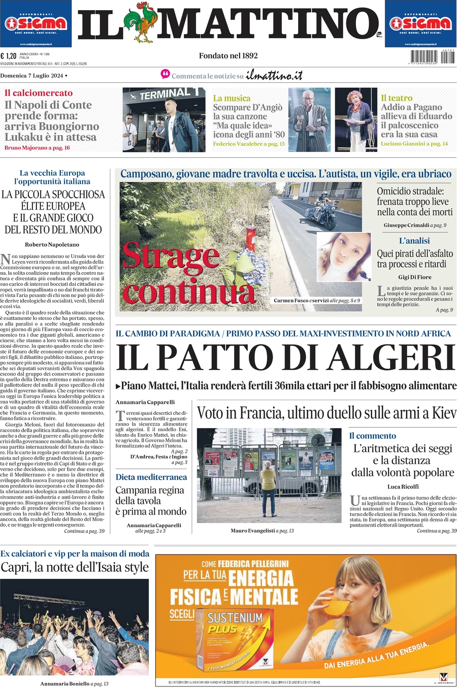 anteprima della prima pagina di il-mattino del 07/07/2024