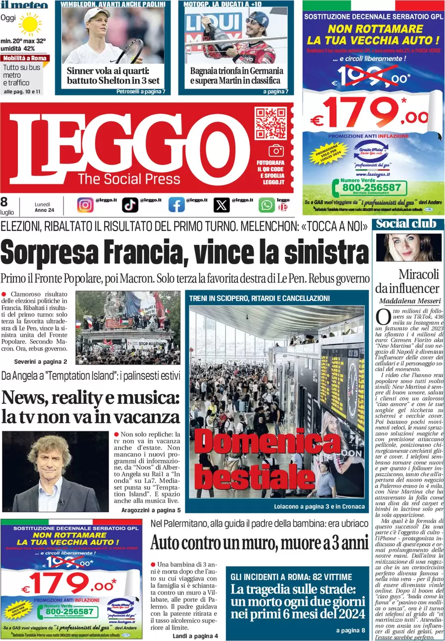 anteprima della prima pagina di leggo-roma del 08/07/2024