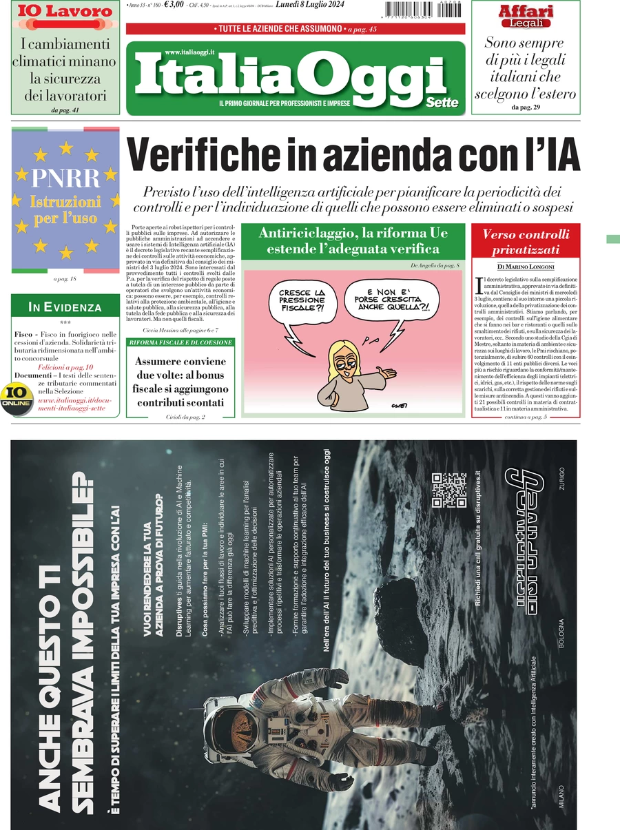 anteprima della prima pagina di italiaoggi del 08/07/2024