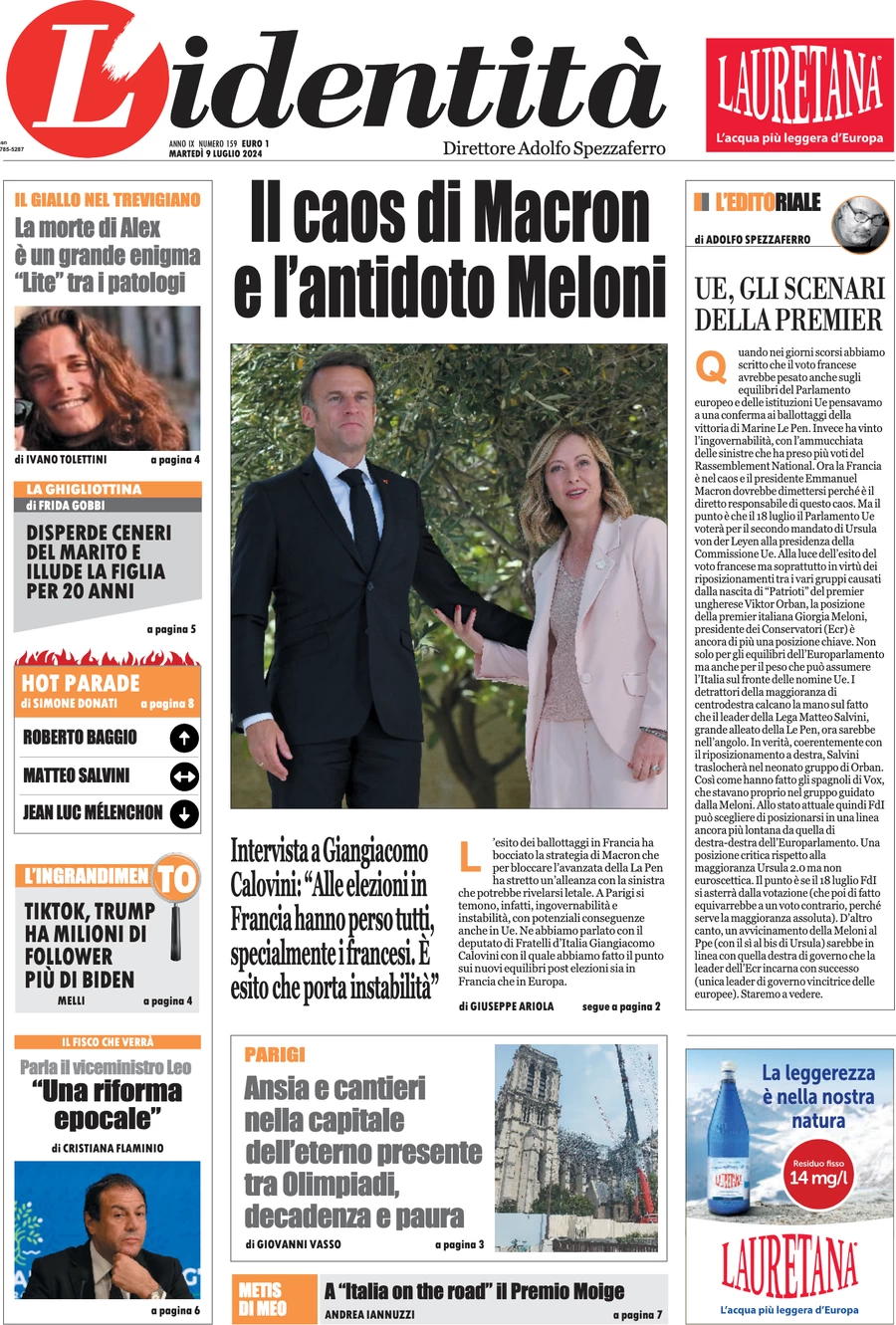 anteprima della prima pagina di lidentit del 08/07/2024